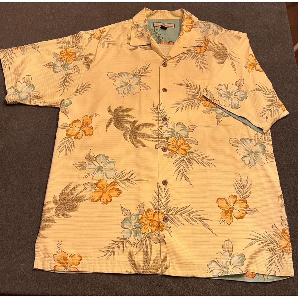 #B023 Tommy Bahama Mens M 100% Silk Hawaiian Shirt Floral Hibiscus